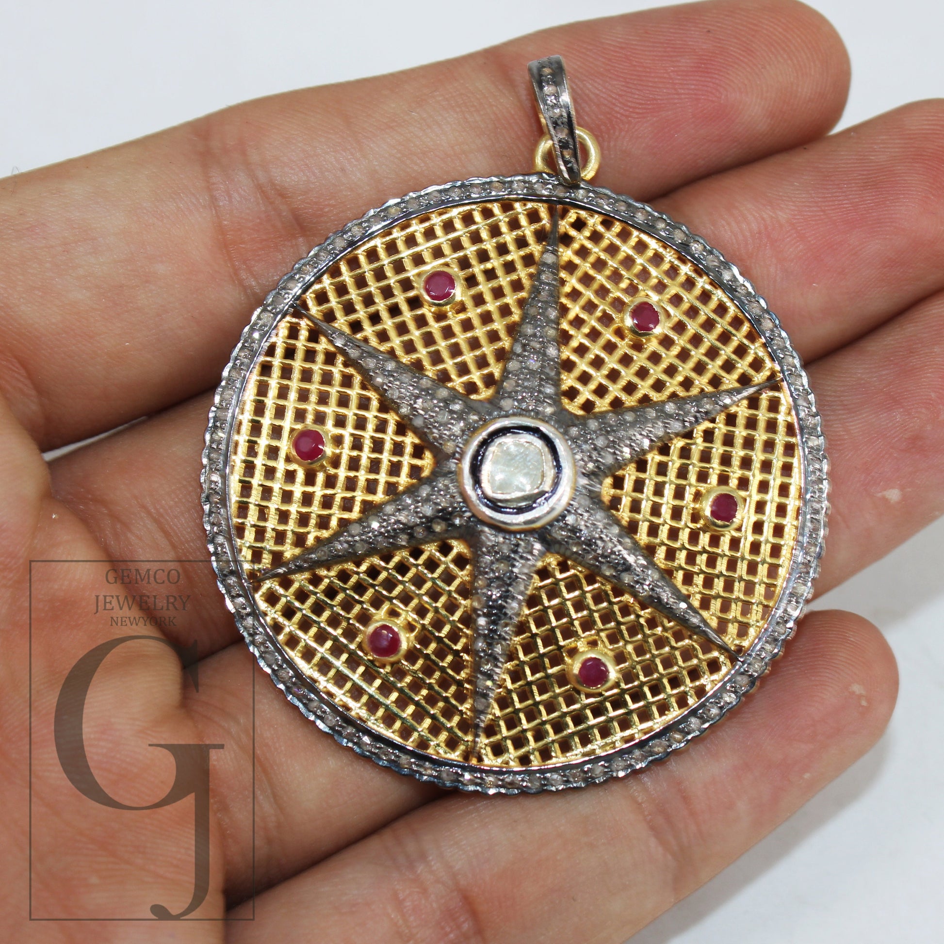 Starburst Ruby Red Pendant Pave Diamond Rosecut Pendant 925 Sterling Silver Pendant Handmade Pendant Diamond Star Rose Cut Charm Pendant