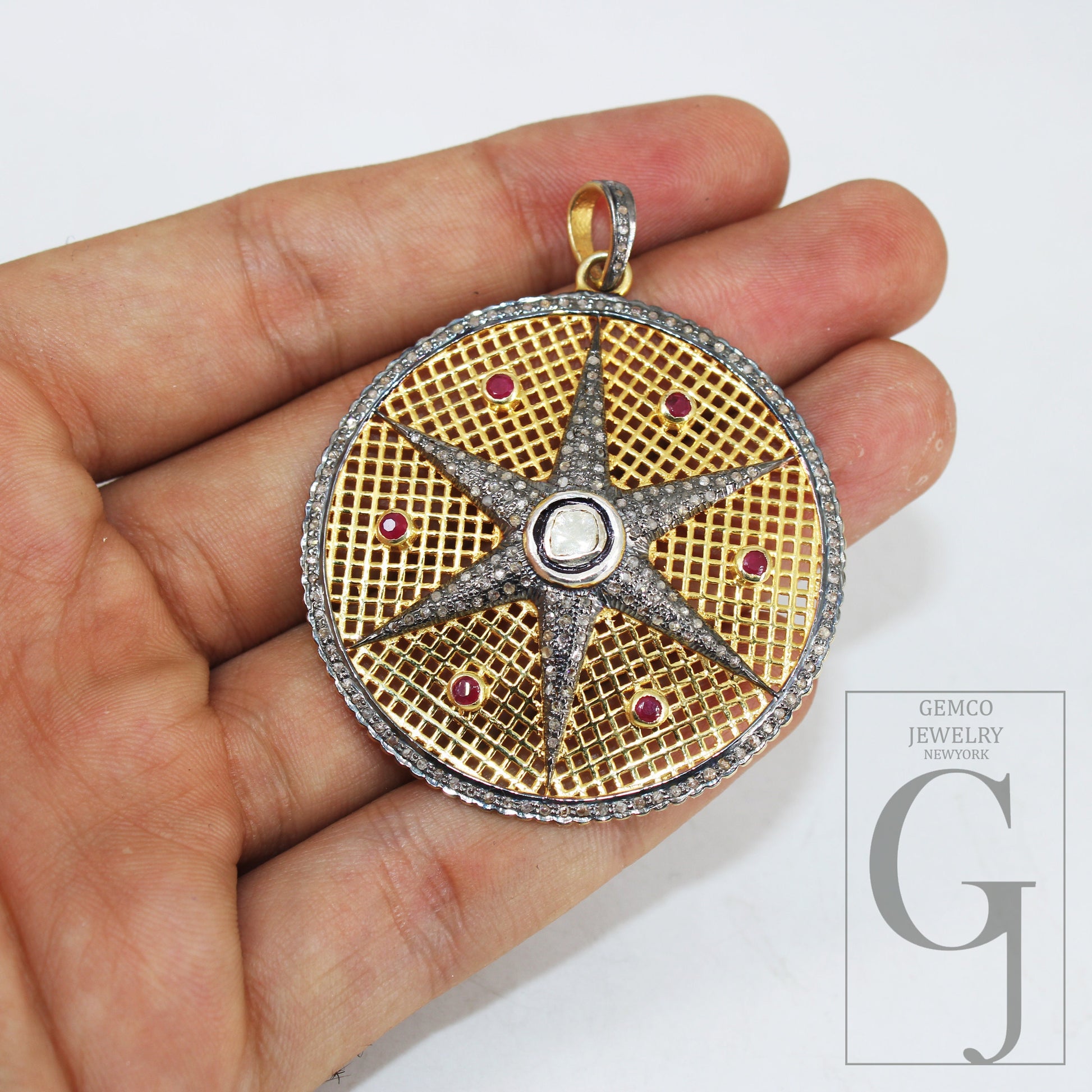 Starburst Ruby Red Pendant Pave Diamond Rosecut Pendant 925 Sterling Silver Pendant Handmade Pendant Diamond Star Rose Cut Charm Pendant