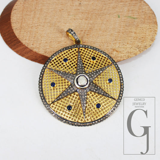 Starburst Blue sapphire pendant Pave diamond rosecut pendant 925 sterling silver pendant handmade pendant Diamond Star Charm pendant jewelry