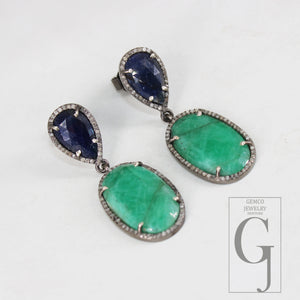 One of a Kind Blue Sapphire Emerald Earring Designer Rosecut Pave Diamond Earring 925 Sterling Silver Handmade Silver Finish Diamond Earring