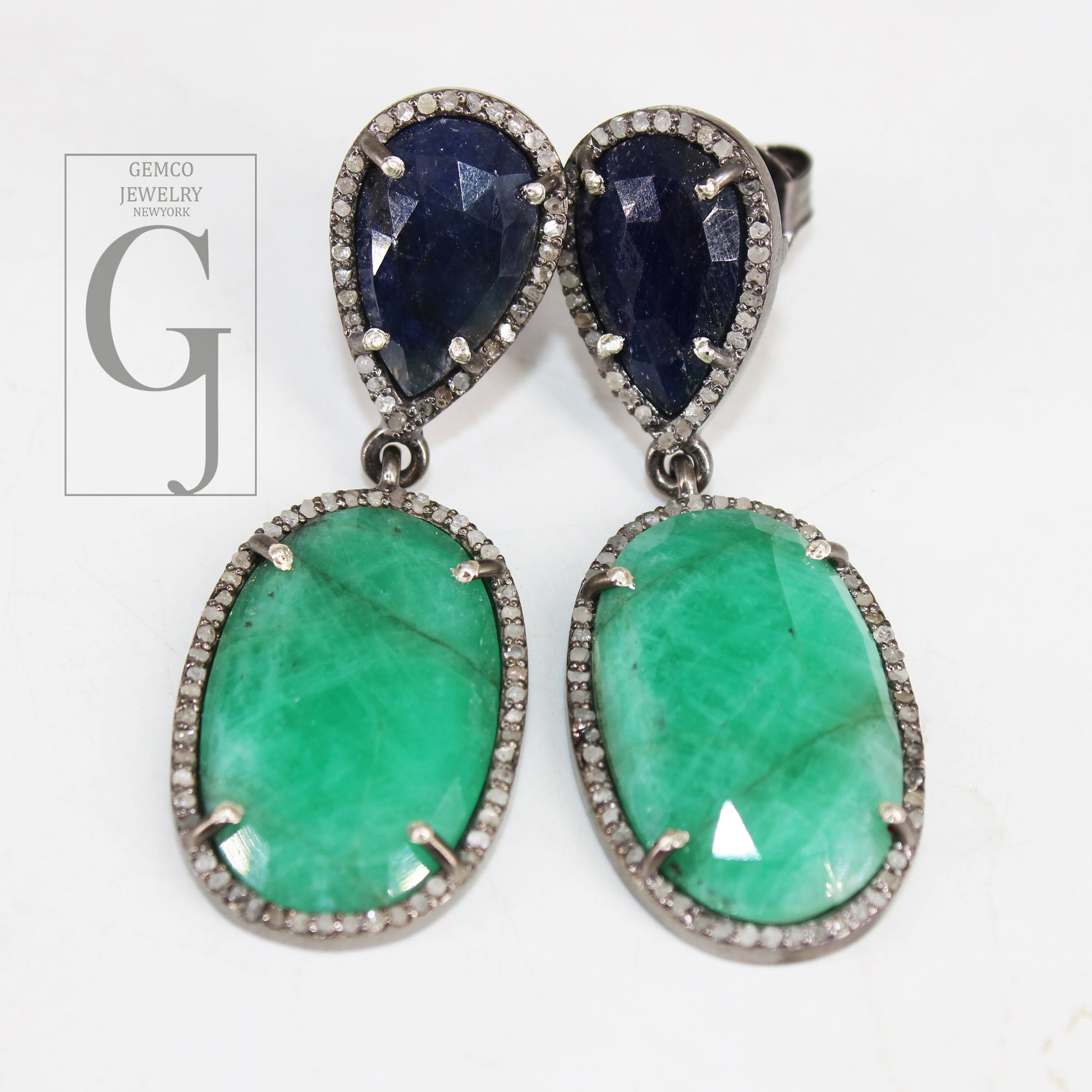 One of a Kind Blue Sapphire Emerald Earring Designer Rosecut Pave Diamond Earring 925 Sterling Silver Handmade Silver Finish Diamond Earring