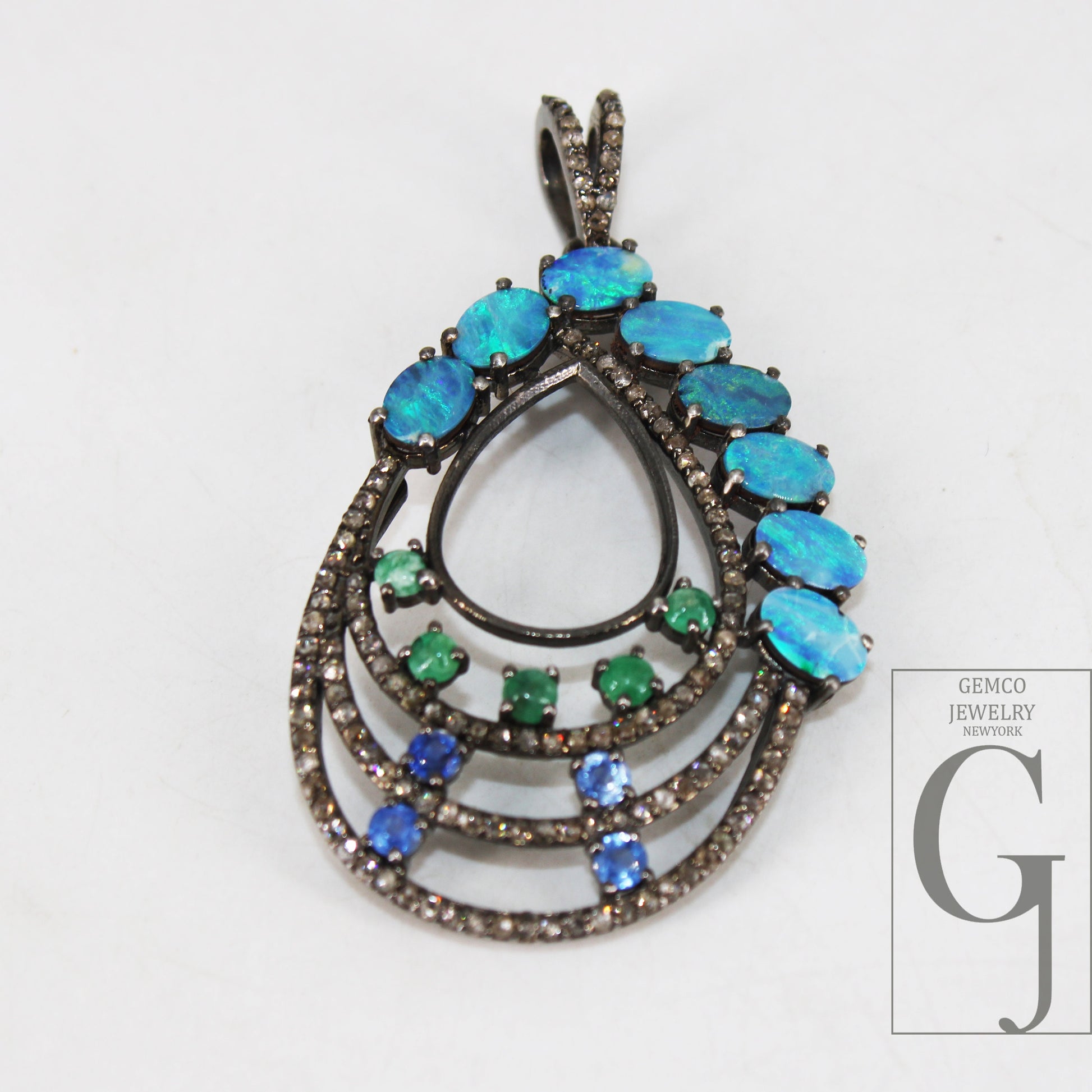 Australian opal, blue sapphire, emerald, pendant Rosecut pave diamond pendant silver handmade finish diamond charms necklace pendant