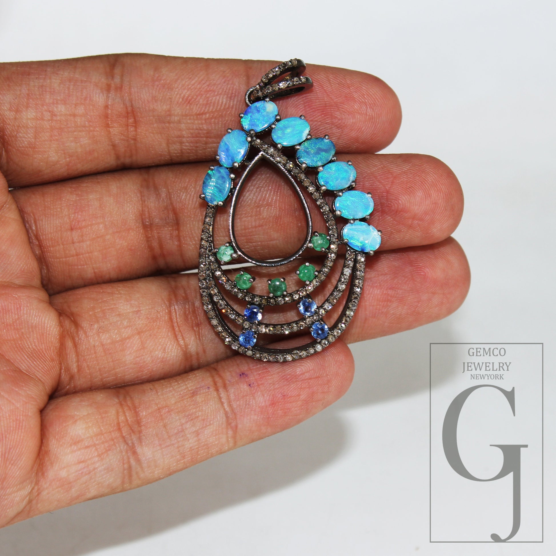 Australian opal, blue sapphire, emerald, pendant Rosecut pave diamond pendant silver handmade finish diamond charms necklace pendant