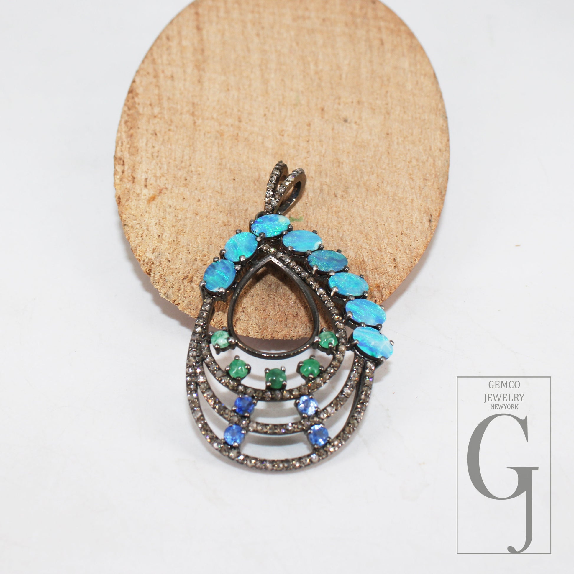 Australian opal, blue sapphire, emerald, pendant Rosecut pave diamond pendant silver handmade finish diamond charms necklace pendant