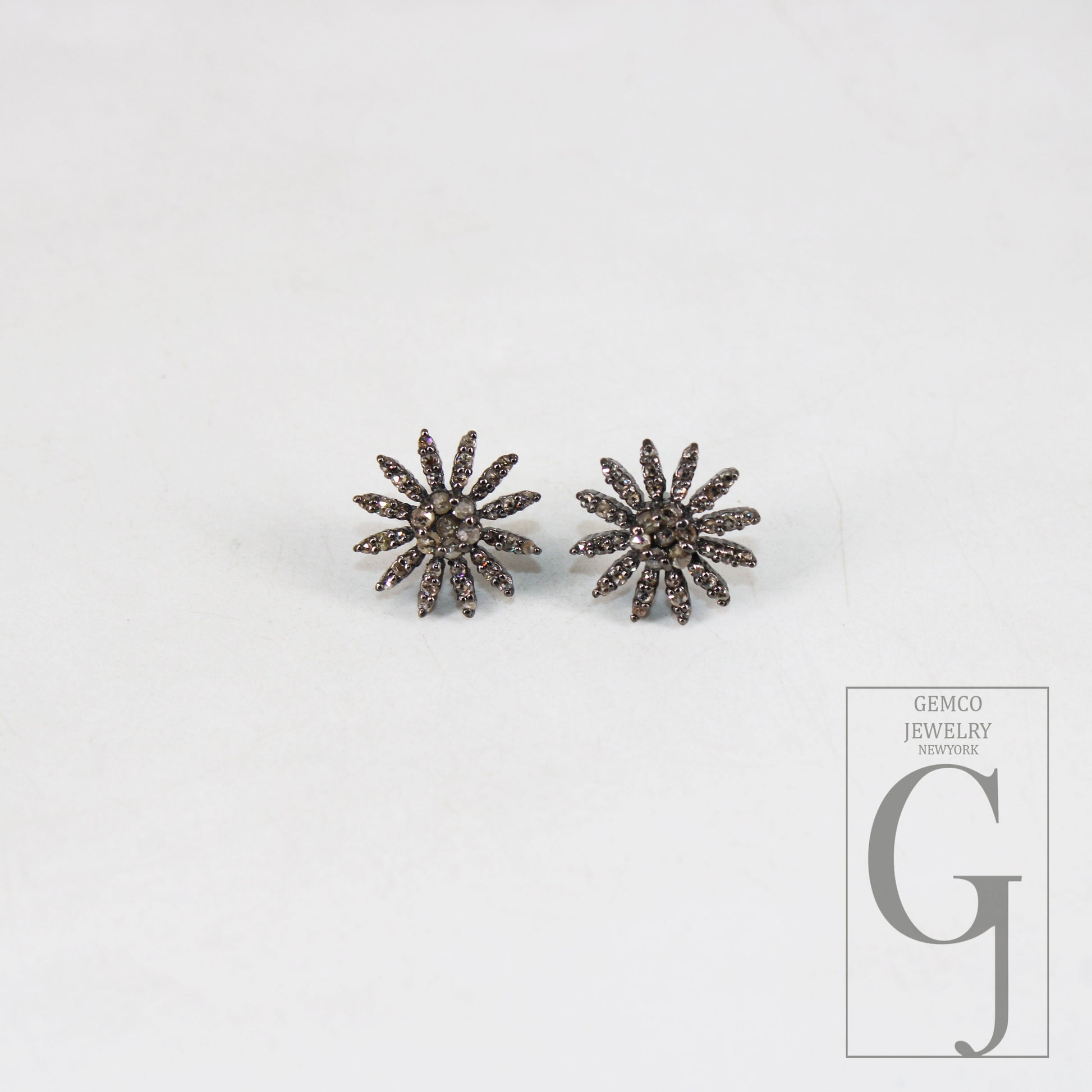Oxidized finsih  starburst shaped design Rosecut pave diamond stud earring 925 sterling silver handmade silver finish diamond stud earring