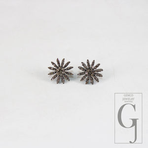 Oxidized finsih  starburst shaped design Rosecut pave diamond stud earring 925 sterling silver handmade silver finish diamond stud earring