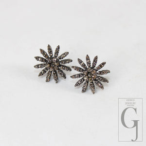 Oxidized finsih  starburst shaped design Rosecut pave diamond stud earring 925 sterling silver handmade silver finish diamond stud earring