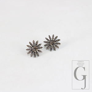 Oxidized finsih  starburst shaped design Rosecut pave diamond stud earring 925 sterling silver handmade silver finish diamond stud earring