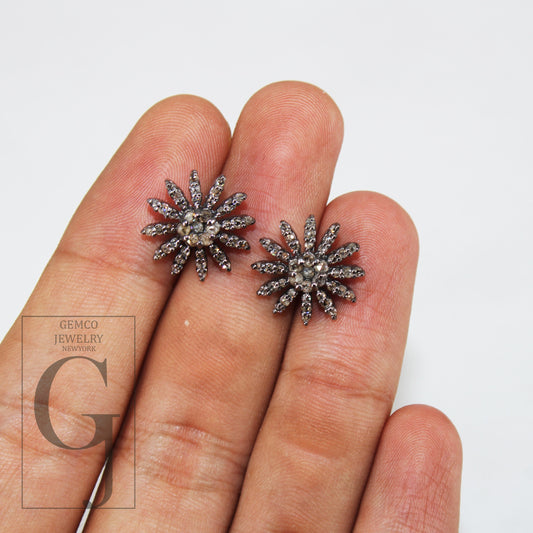 Oxidized finsih  starburst shaped design Rosecut pave diamond stud earring 925 sterling silver handmade silver finish diamond stud earring