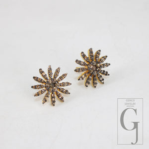 Oxidized Gold Finsih  Starburst Design Rosecut Pave Diamond Stud Earring 925 Sterling Silver Handmade Silver Finish Diamond Stud Earring