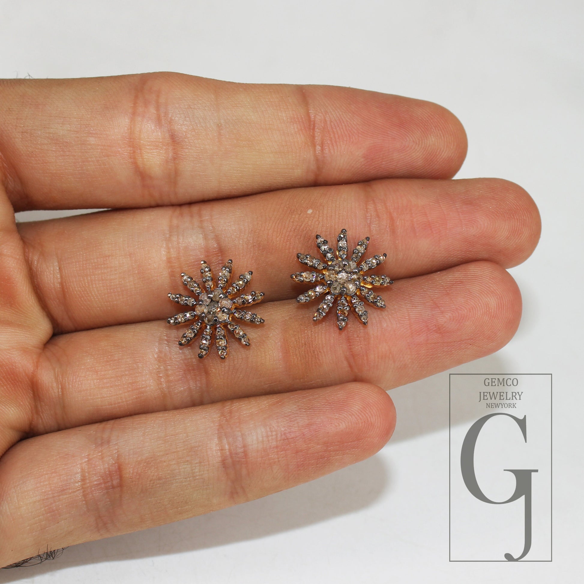 Oxidized Gold Finsih  Starburst Design Rosecut Pave Diamond Stud Earring 925 Sterling Silver Handmade Silver Finish Diamond Stud Earring