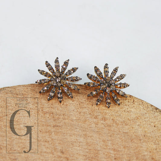 Oxidized Gold Finsih  Starburst Design Rosecut Pave Diamond Stud Earring 925 Sterling Silver Handmade Silver Finish Diamond Stud Earring