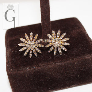 Oxidized Gold Finsih  Starburst Design Rosecut Pave Diamond Stud Earring 925 Sterling Silver Handmade Silver Finish Diamond Stud Earring
