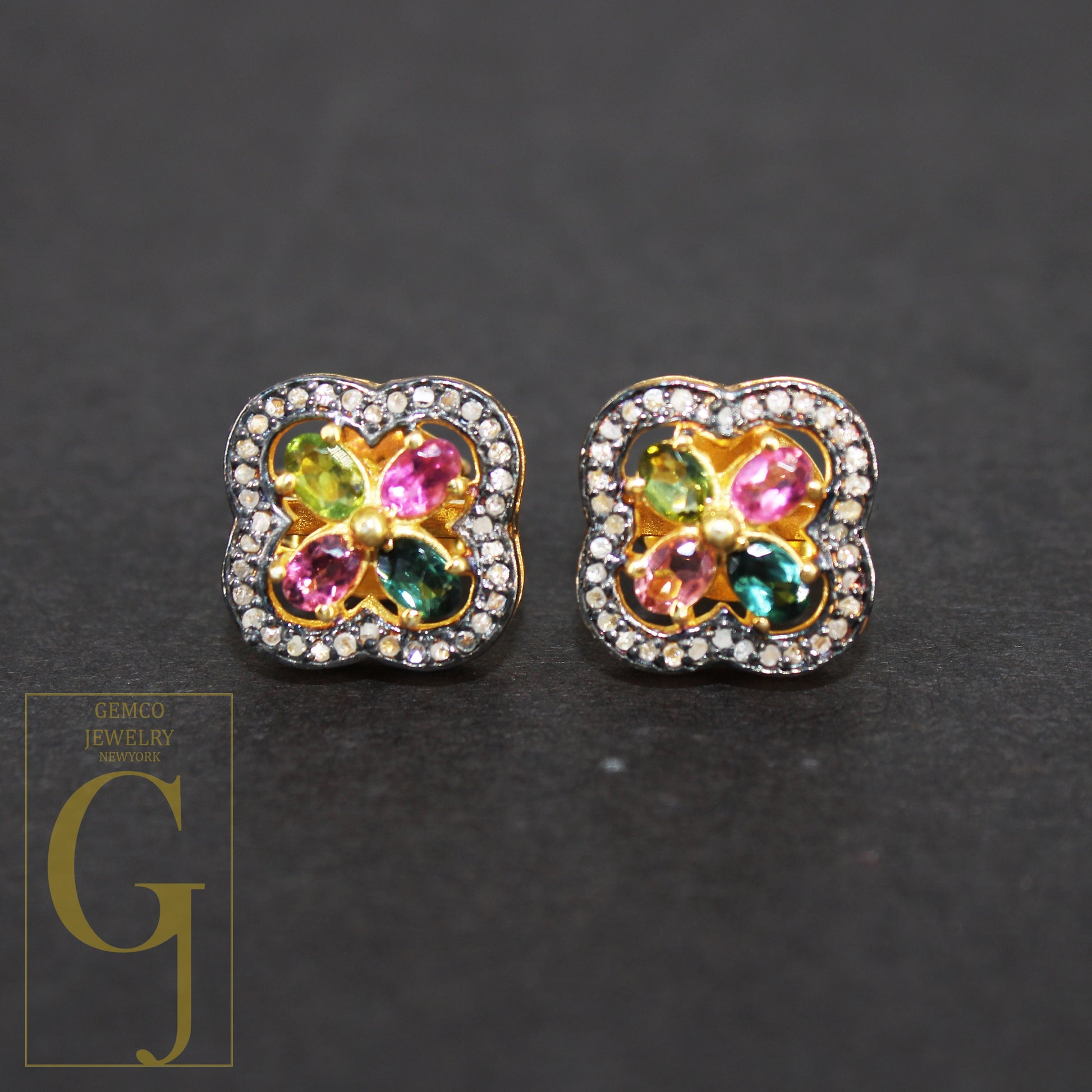 14k Gold Finish Multi Tourmaline Flower Designer Earring Studs Pave Rosecut Diamond 925 Sterling Silver Handmade Diamond Pave Stud Earrings