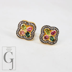 14k Gold Finish Multi Tourmaline Flower Designer Earring Studs Pave Rosecut Diamond 925 Sterling Silver Handmade Diamond Pave Stud Earrings