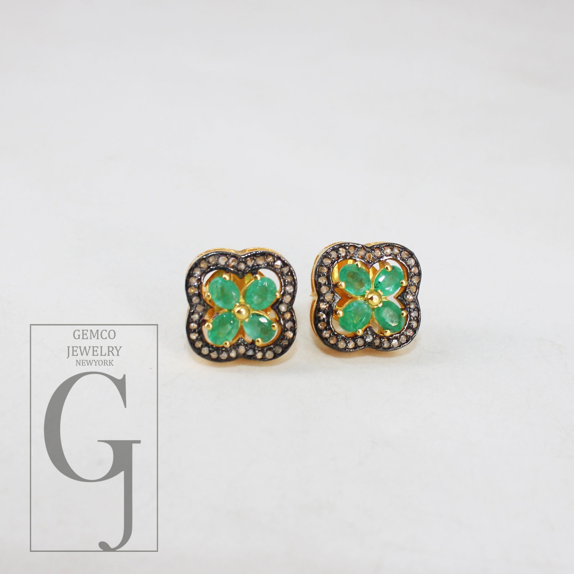 14k Gold Finish Green Emerald Flower Designer Earring Studs Pave Rosecut Diamond 925 Sterling Silver Handmade Diamond Pave Stud Earrings