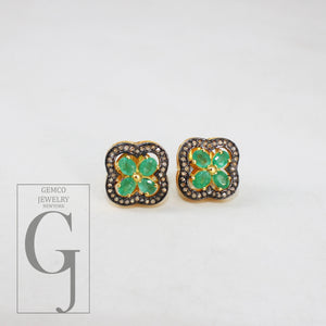 14k Gold Finish Green Emerald Flower Designer Earring Studs Pave Rosecut Diamond 925 Sterling Silver Handmade Diamond Pave Stud Earrings