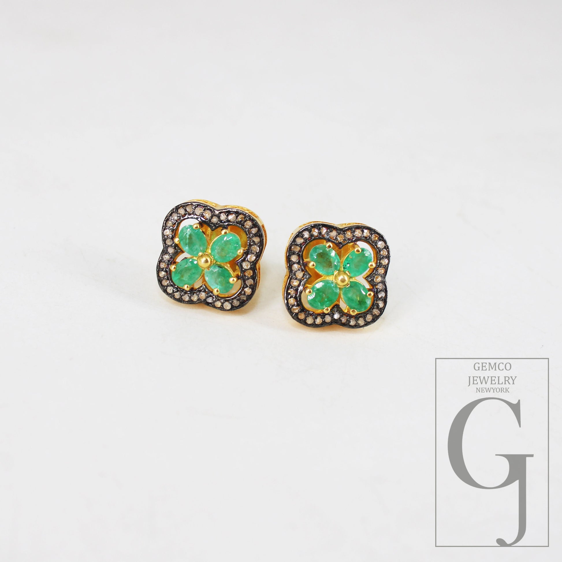 14k Gold Finish Green Emerald Flower Designer Earring Studs Pave Rosecut Diamond 925 Sterling Silver Handmade Diamond Pave Stud Earrings