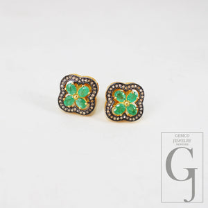 14k Gold Finish Green Emerald Flower Designer Earring Studs Pave Rosecut Diamond 925 Sterling Silver Handmade Diamond Pave Stud Earrings