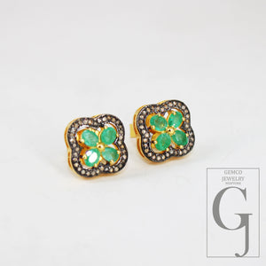 14k Gold Finish Green Emerald Flower Designer Earring Studs Pave Rosecut Diamond 925 Sterling Silver Handmade Diamond Pave Stud Earrings