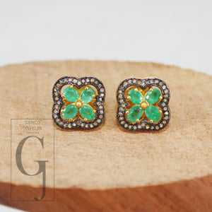 14k Gold Finish Green Emerald Flower Designer Earring Studs Pave Rosecut Diamond 925 Sterling Silver Handmade Diamond Pave Stud Earrings