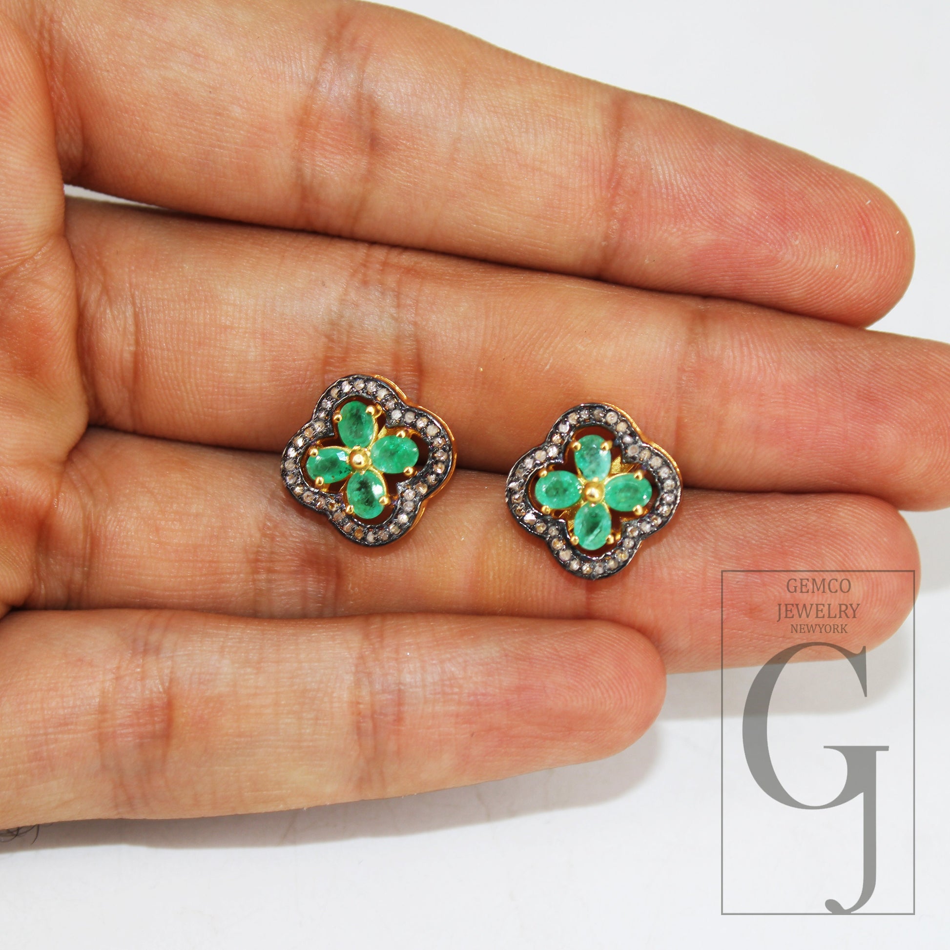 14k Gold Finish Green Emerald Flower Designer Earring Studs Pave Rosecut Diamond 925 Sterling Silver Handmade Diamond Pave Stud Earrings