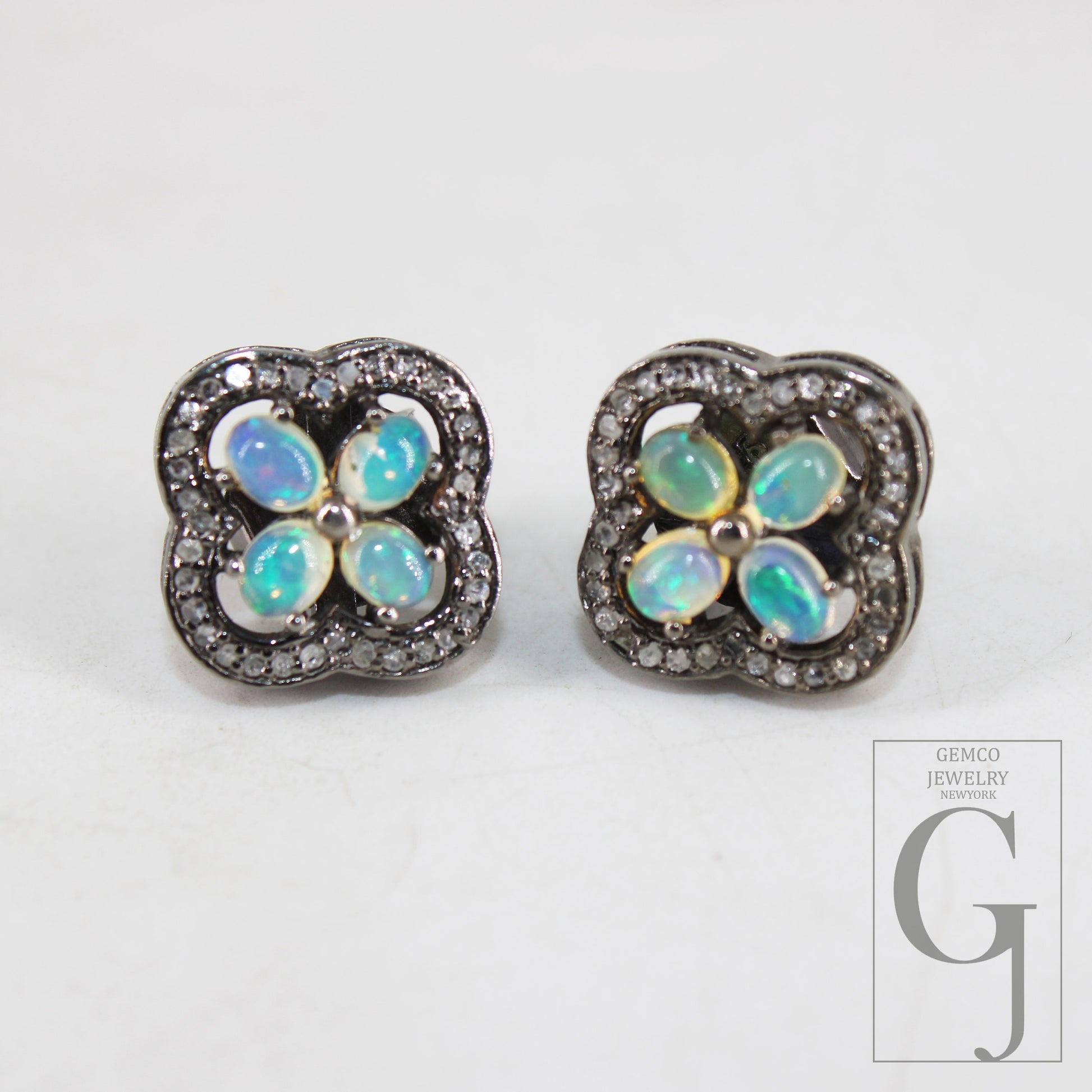 Oxidized Finish Ethiopian Opal Flower Designer Earring Studs Pave Rosecut Diamond 925 Sterling Silver Handmade Diamond Pave Stud Earrings