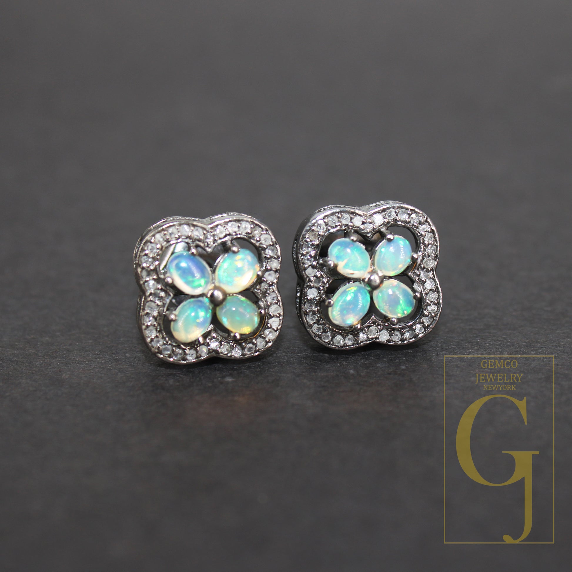 Oxidized Finish Ethiopian Opal Flower Designer Earring Studs Pave Rosecut Diamond 925 Sterling Silver Handmade Diamond Pave Stud Earrings