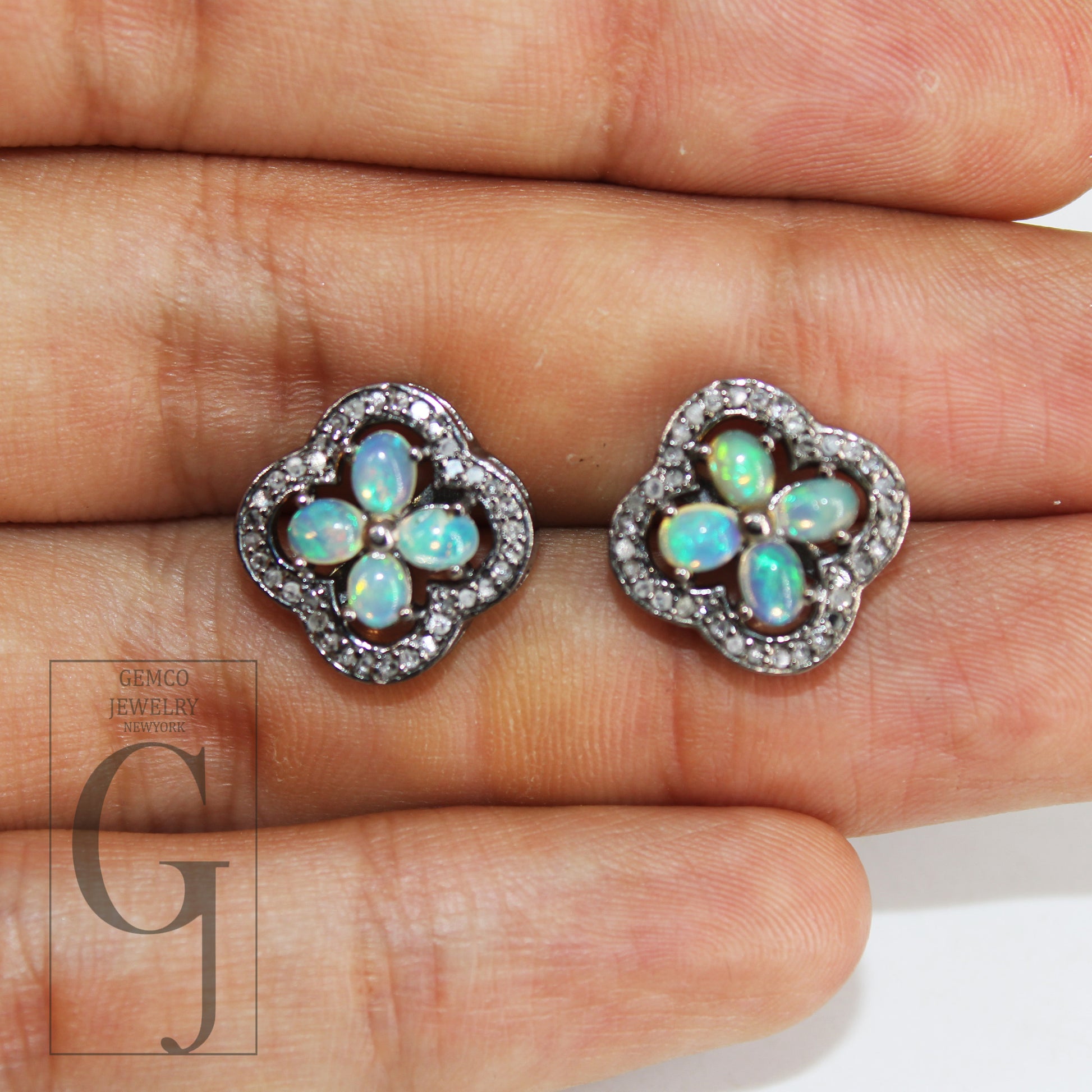 Oxidized Finish Ethiopian Opal Flower Designer Earring Studs Pave Rosecut Diamond 925 Sterling Silver Handmade Diamond Pave Stud Earrings