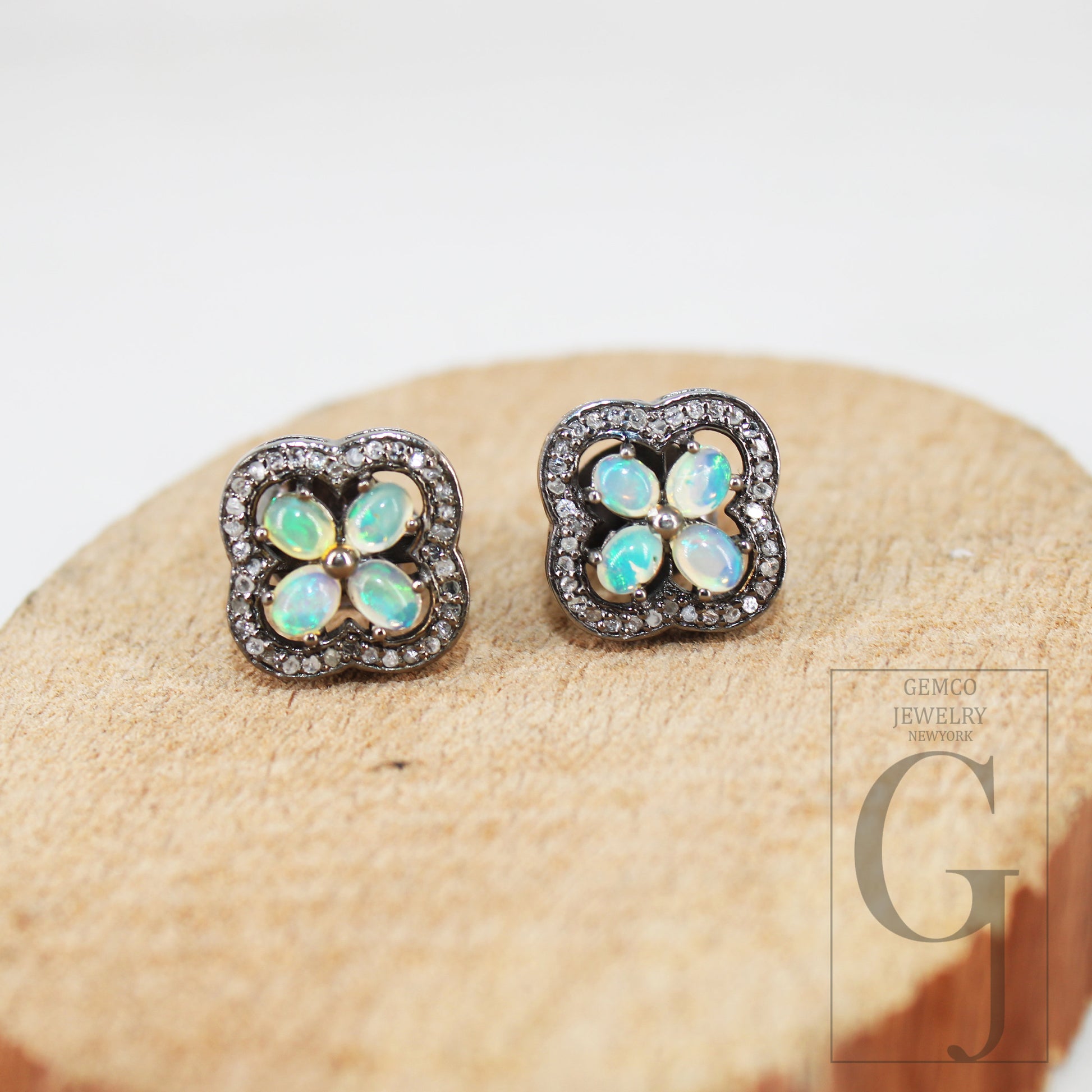 Oxidized Finish Ethiopian Opal Flower Designer Earring Studs Pave Rosecut Diamond 925 Sterling Silver Handmade Diamond Pave Stud Earrings