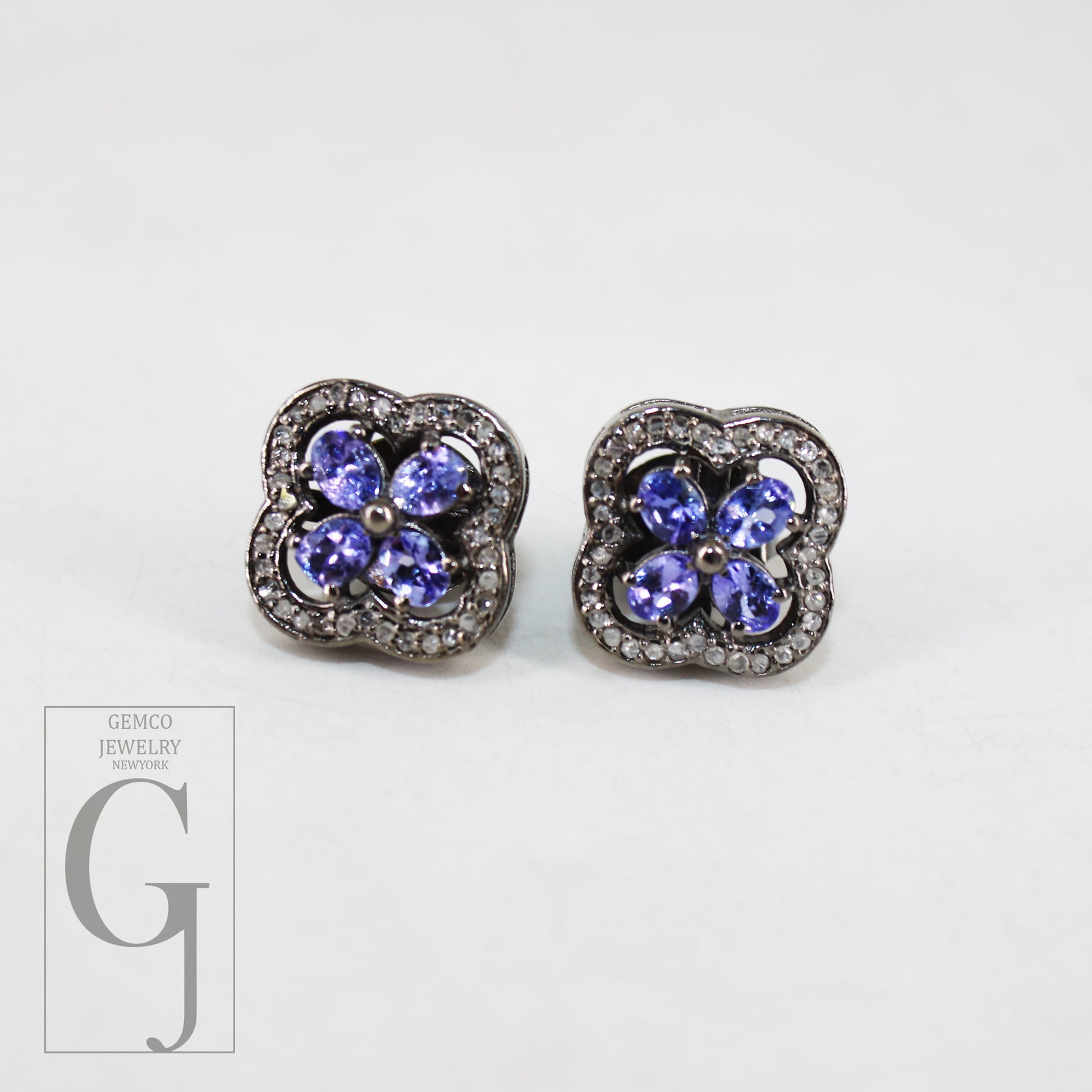 Oxidized finish tanzanite studs flower designer earring studs Pave rosecut diamond 925 sterling silver handmade diamond pave stud earrings