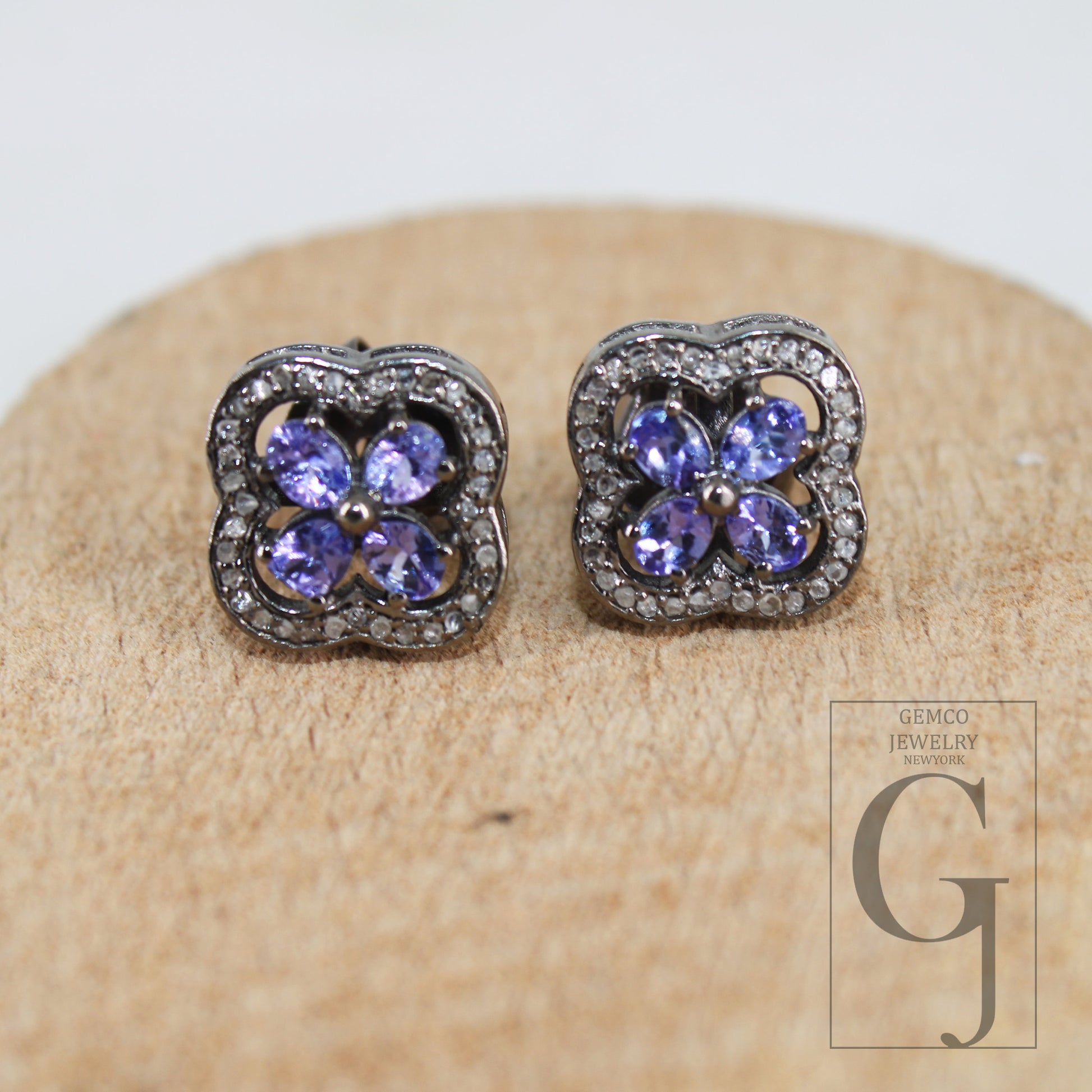 Oxidized finish tanzanite studs flower designer earring studs Pave rosecut diamond 925 sterling silver handmade diamond pave stud earrings