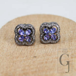 Oxidized finish tanzanite studs flower designer earring studs Pave rosecut diamond 925 sterling silver handmade diamond pave stud earrings