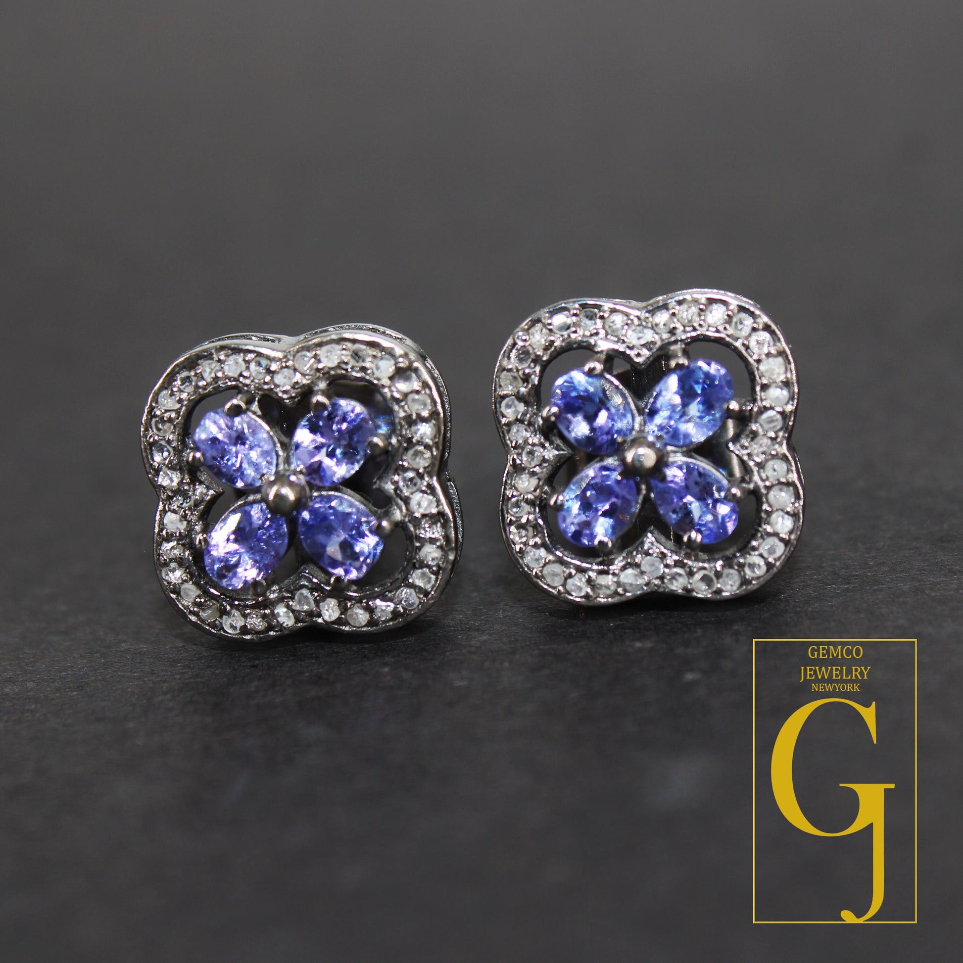 Oxidized finish tanzanite studs flower designer earring studs Pave rosecut diamond 925 sterling silver handmade diamond pave stud earrings