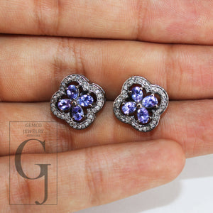 Oxidized finish tanzanite studs flower designer earring studs Pave rosecut diamond 925 sterling silver handmade diamond pave stud earrings