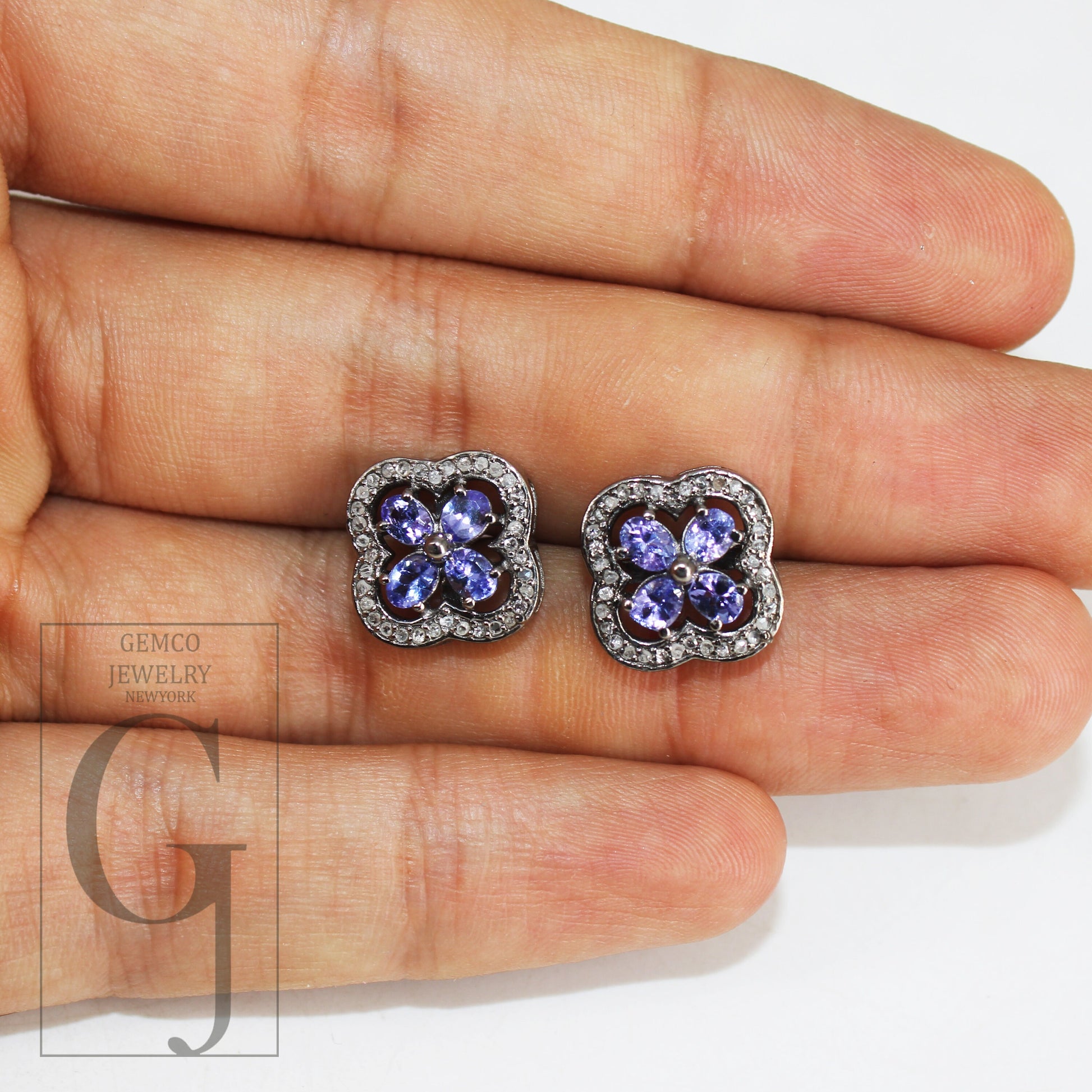 Oxidized finish tanzanite studs flower designer earring studs Pave rosecut diamond 925 sterling silver handmade diamond pave stud earrings