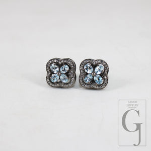 Oxidized Finish Blue Topaz Studs Flower Designer Earring Studs Pave Rosecut Diamond 925 Sterling Silver Handmade Diamond Pave Stud Earrings