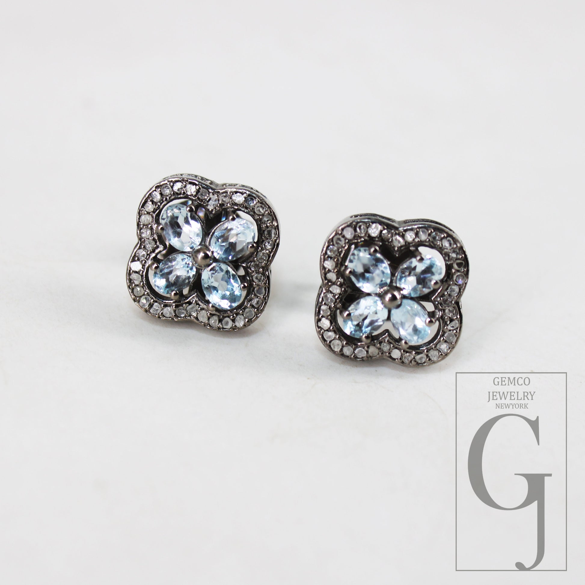 Oxidized Finish Blue Topaz Studs Flower Designer Earring Studs Pave Rosecut Diamond 925 Sterling Silver Handmade Diamond Pave Stud Earrings