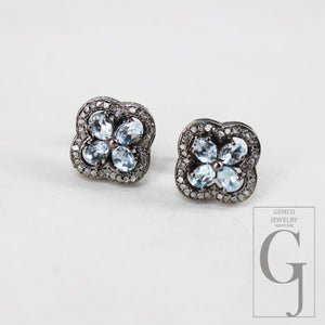 Oxidized Finish Blue Topaz Studs Flower Designer Earring Studs Pave Rosecut Diamond 925 Sterling Silver Handmade Diamond Pave Stud Earrings