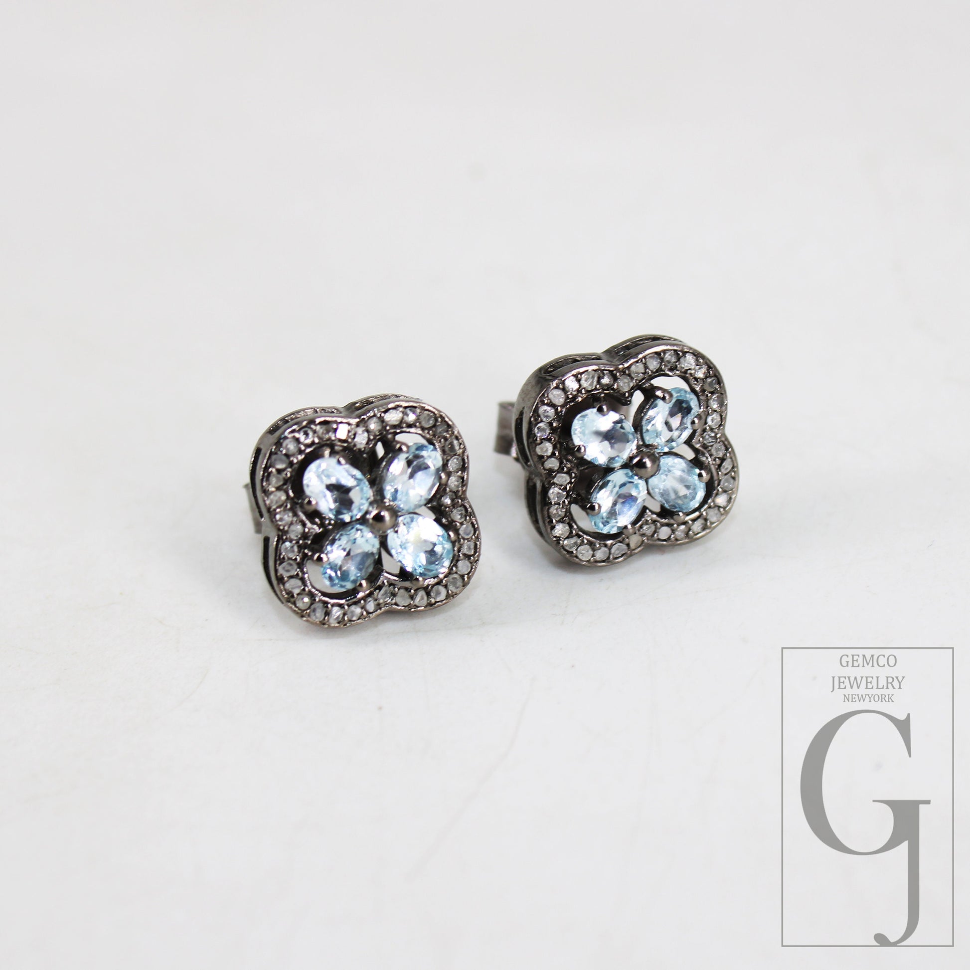 Oxidized Finish Blue Topaz Studs Flower Designer Earring Studs Pave Rosecut Diamond 925 Sterling Silver Handmade Diamond Pave Stud Earrings