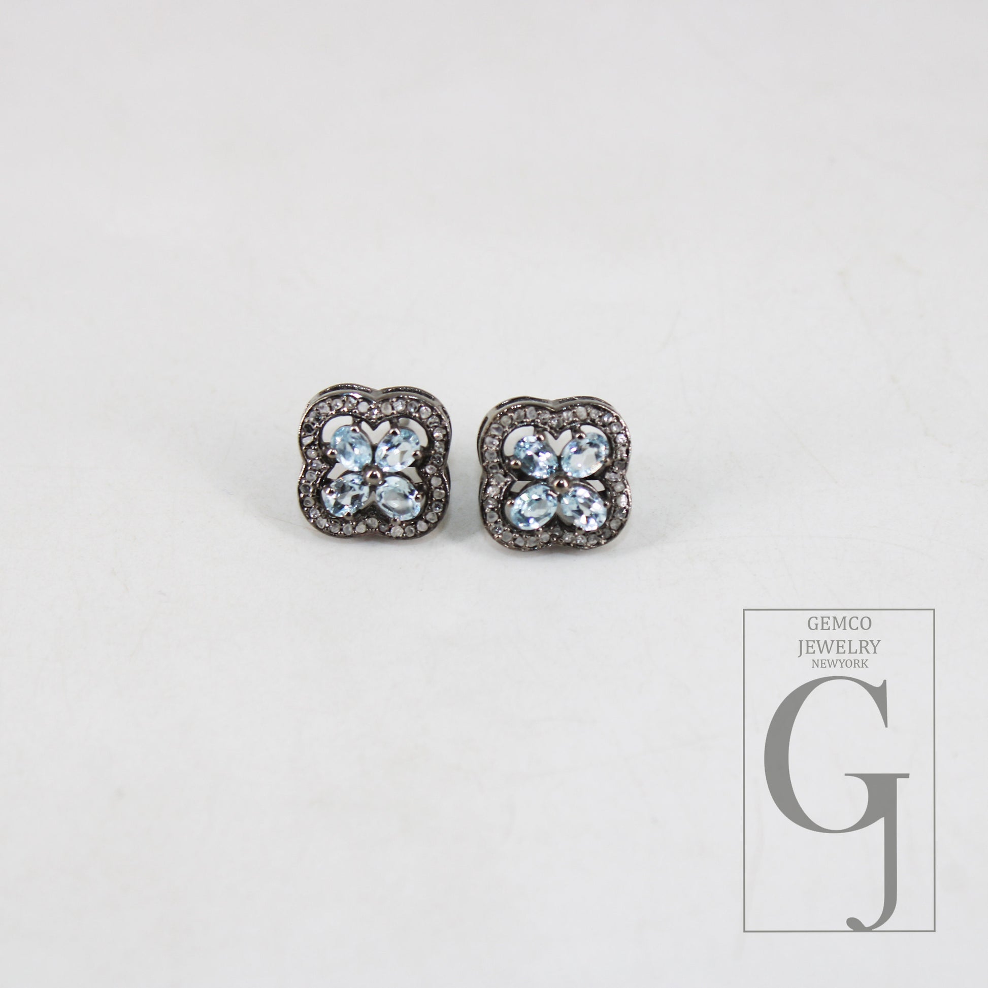 Oxidized Finish Blue Topaz Studs Flower Designer Earring Studs Pave Rosecut Diamond 925 Sterling Silver Handmade Diamond Pave Stud Earrings