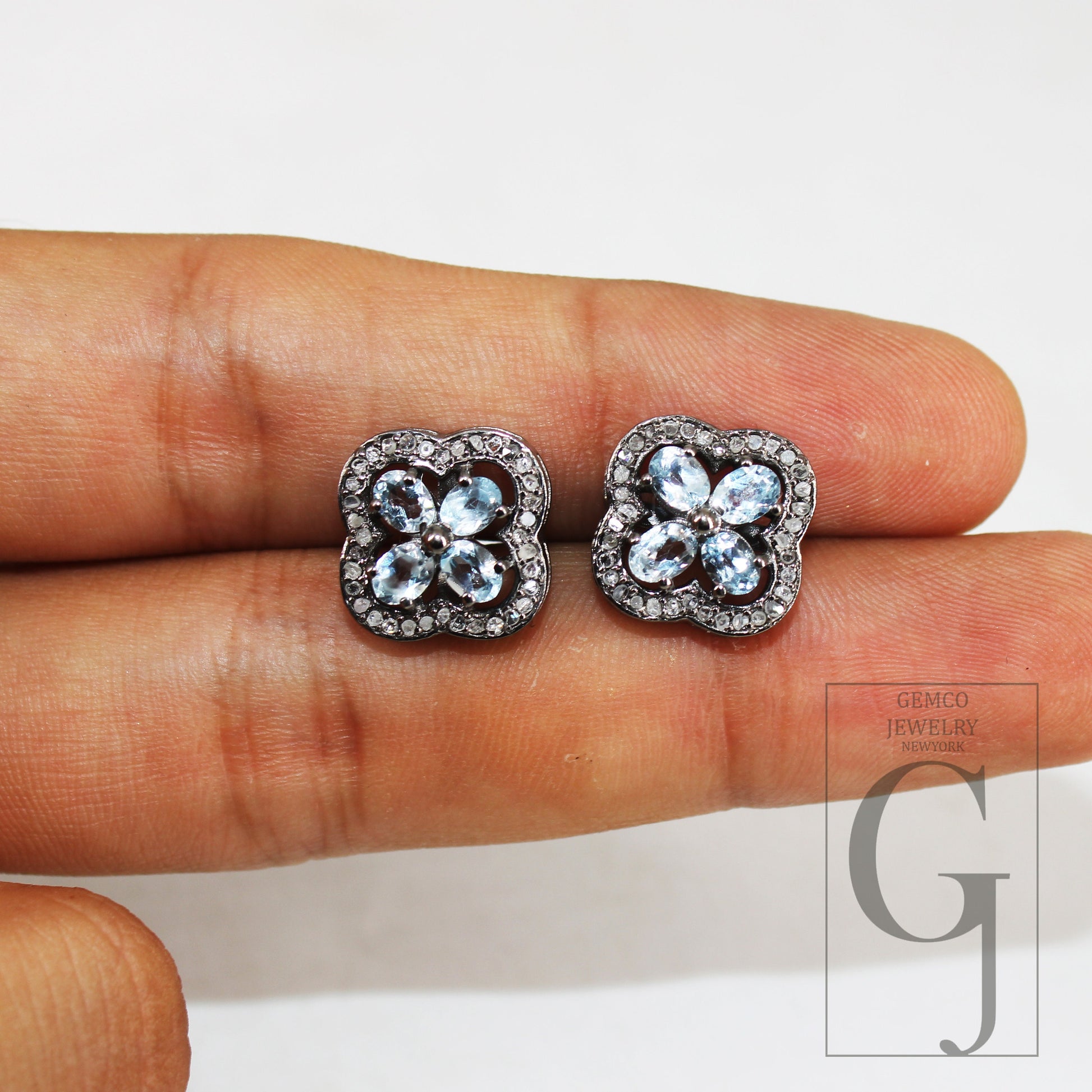 Oxidized Finish Blue Topaz Studs Flower Designer Earring Studs Pave Rosecut Diamond 925 Sterling Silver Handmade Diamond Pave Stud Earrings