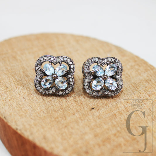 Oxidized Finish Blue Topaz Studs Flower Designer Earring Studs Pave Rosecut Diamond 925 Sterling Silver Handmade Diamond Pave Stud Earrings