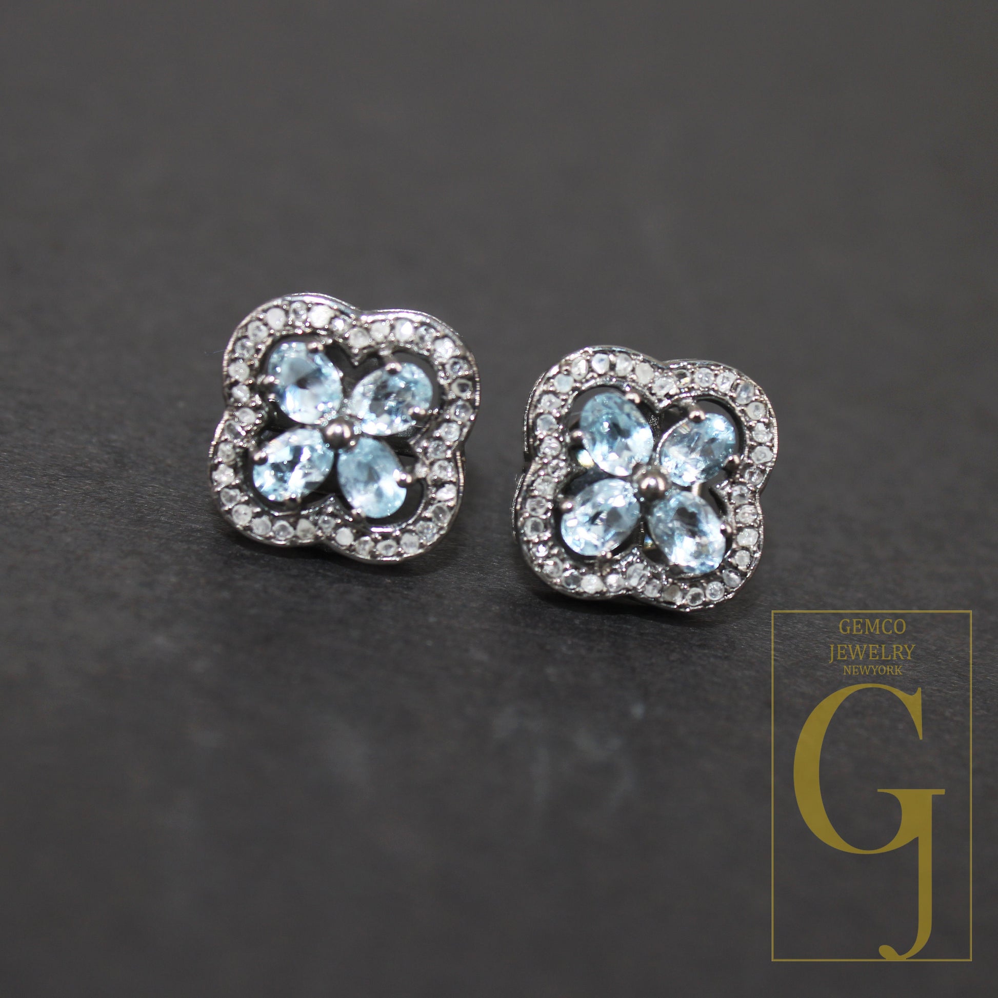 Oxidized Finish Blue Topaz Studs Flower Designer Earring Studs Pave Rosecut Diamond 925 Sterling Silver Handmade Diamond Pave Stud Earrings