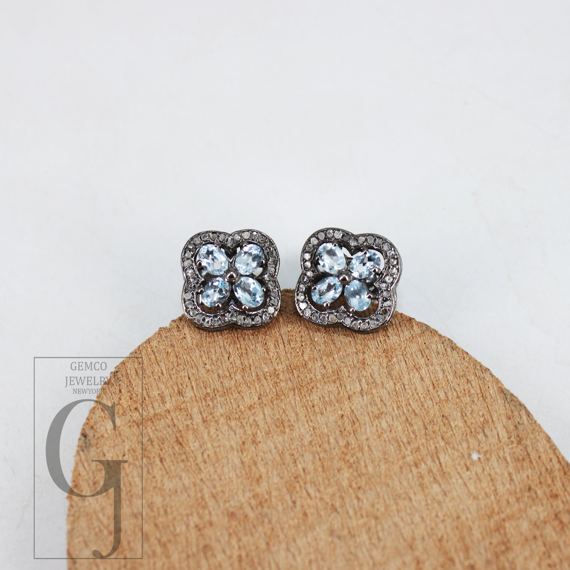 Oxidized Finish Blue Topaz Studs Flower Designer Earring Studs Pave Rosecut Diamond 925 Sterling Silver Handmade Diamond Pave Stud Earrings