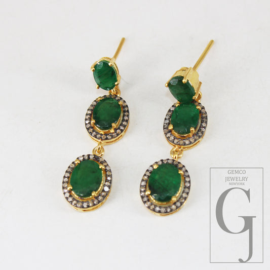 Natural Emerald Stone Pave Diamond 925 Sterling Silver Handmade Pave Diamond Earring Precious Stone Jewelry For Beautiful Women And Girls