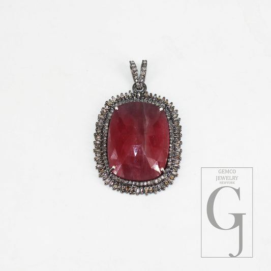 Beautiful Baguette Diamond Ruby Pendant Rosecut Pave Diamond Pendant 925 Sterling Silver Handmade Finish Diamond Charms Necklace Pendant