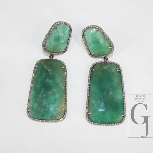 Natural Emerald Stone Pave Diamond 925 Sterling Silver Handmade Pave Diamond Earring Precious Stone Jewelry For Beautiful Women And Girls