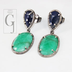 One of a Kind Blue Sapphire Emerald Earring Designer Rosecut Pave Diamond Earring 925 Sterling Silver Handmade Silver Finish Diamond Earring