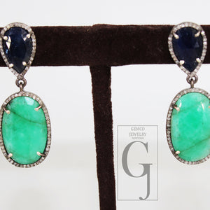 One of a Kind Blue Sapphire Emerald Earring Designer Rosecut Pave Diamond Earring 925 Sterling Silver Handmade Silver Finish Diamond Earring